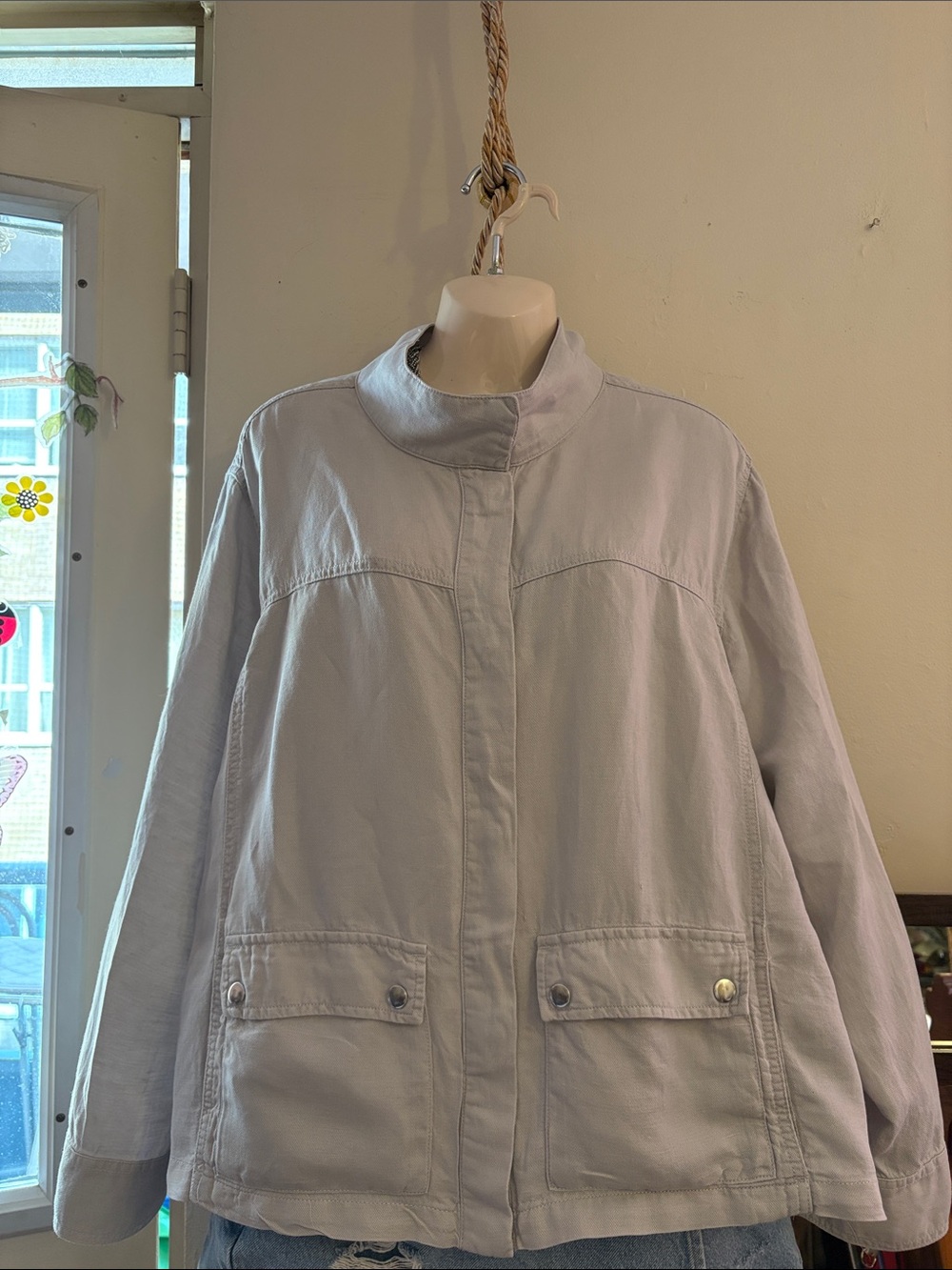 Christian Siriano Soft Lavender Utility Jacket with Snap Flap Pockets. Linen.